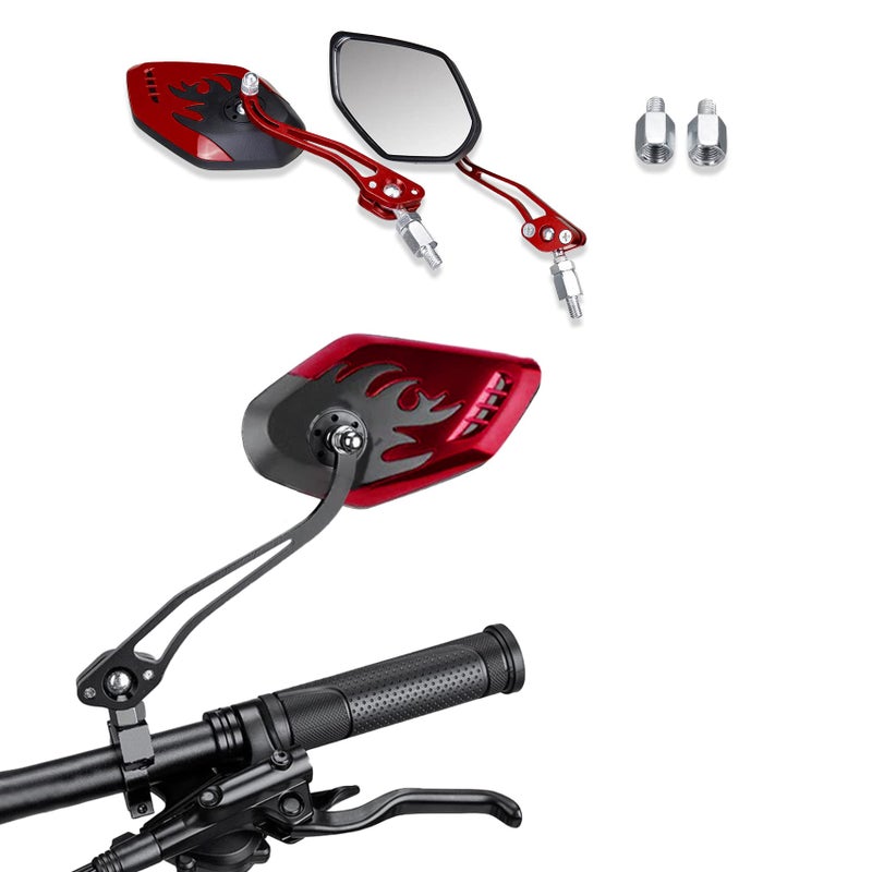 ASUBHA 1Pair Universal Motorcycle Mirrors, Motocycle Rear View Mirrors, Adjustable Side Mirror, Motorcycle Mirrors for Handlebars, Aluminum Flame Pattern Rear View Mirrors with 8mm/10mm Screws (Red) - Image 1